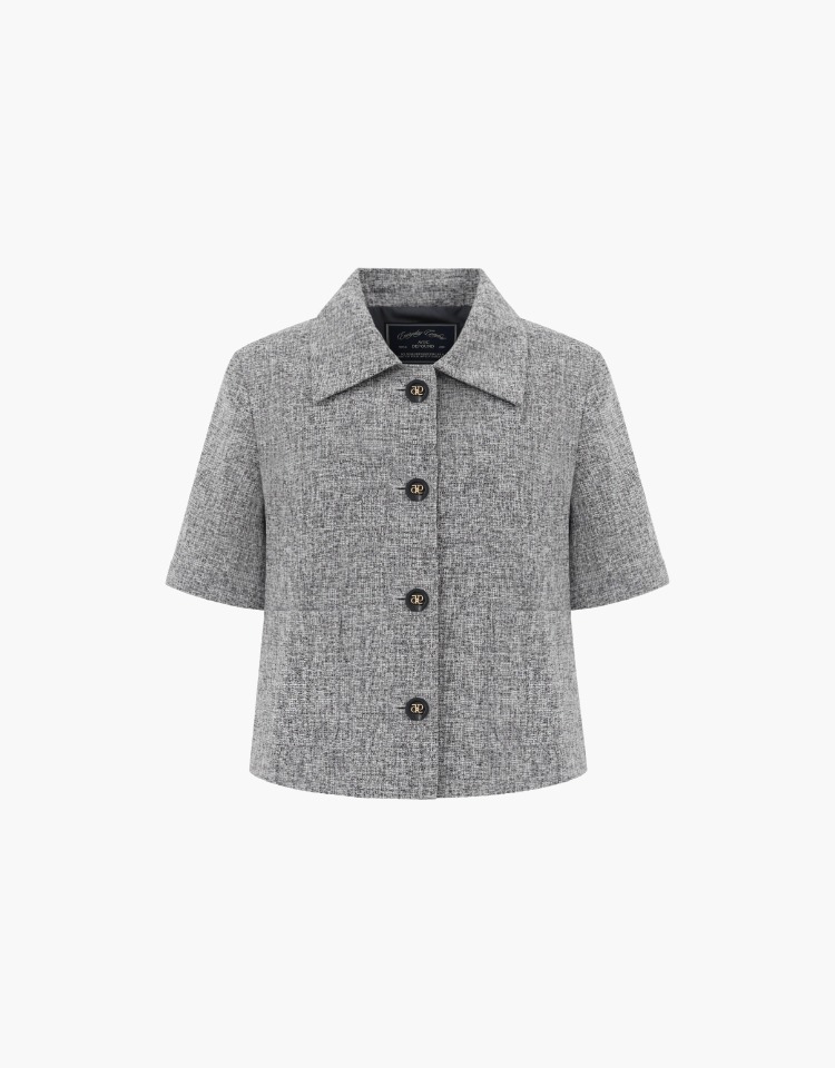 collar tweed half jacket - gray check