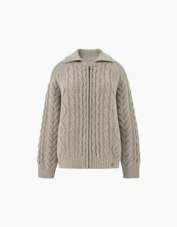 multi cable zip-up cardigan - oatmeal