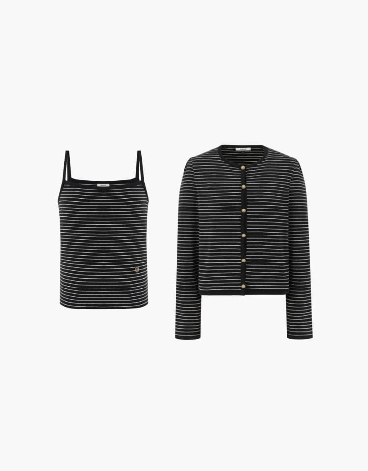 stripe cardigan sleeveless set - black